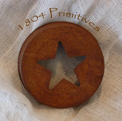 6  Primitive Rusty Tin 3-1/2" Jar Lids with Star Cut Out -- WIDE Mouth - Image 1 of 2