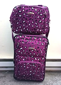 Rockland 2 Pcs Expandable Softside Luggage Set Carry On Tote Bag Purple Leopard - Picture 1 of 13