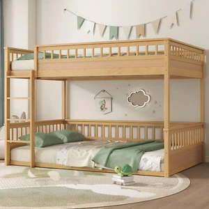 Wooden Queen over Queen Bunk Bed Frame with Ladder / Guardrails Natural - Picture 1 of 15