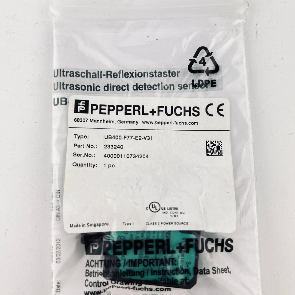 New Pepperl+Fuchs UB400-F77-E2-V31 Sensor UB400-F77-E2-V31 Expedited Shipping - Image 1 of 1