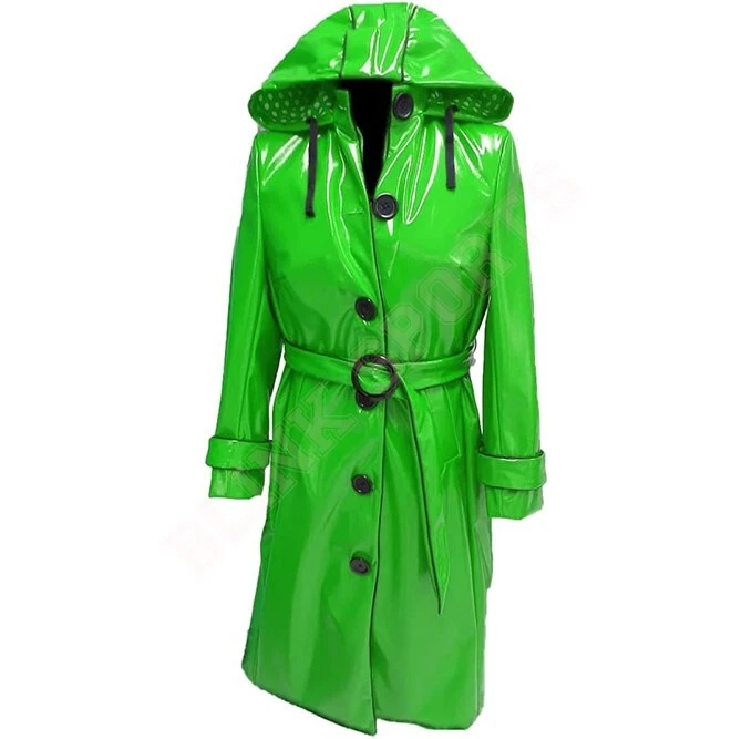 Mujeres PVC Cuero Brillante Capucha Ligero Impermeable Elegante Trench Abrigos Largos Foto 1 de 4
