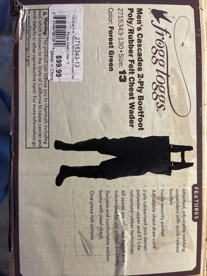 Frogg Toggs 2715343 Cascades 2-ply PVC Nylon Felt Sole Hip Waders Men's  Size 13 - Image 1 of 1