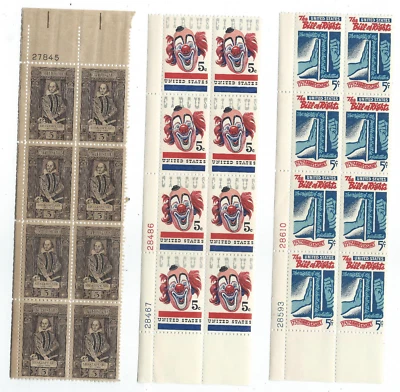 Lot of 3 Five Cent Stamp Blocks Shakespeare Circus Clown Bill of Rights 175th - Image 1 of 4