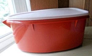 Vintage Tupperware oval 3-teiliges Set ausziehbarer Gestell orange 12" quer mit Deckel Fleischbehälter - Bild 1 von 12