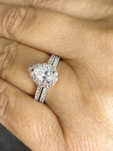 Pear Shape Moissanite Engagement Ring And Band 14K White And Rose Gold 1.75ctw - Picture 1 of 13