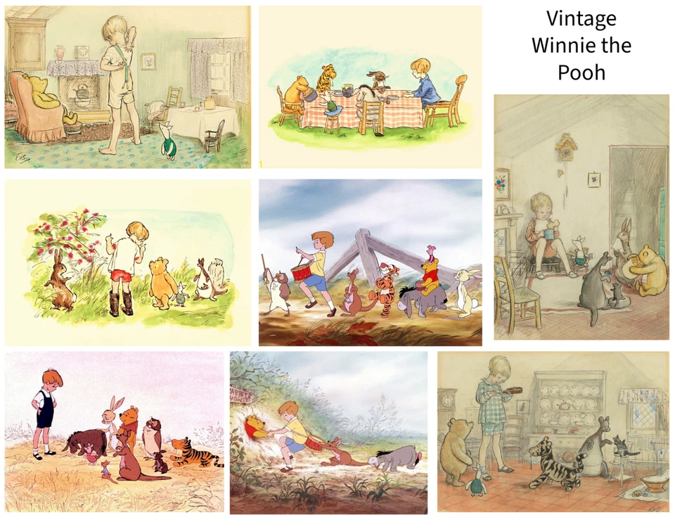 Set of 8 Vintage Winnie the Pooh Collage Crafting STICKERS - Just Cut & Use! - Image 1 of 1