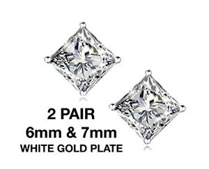 2 Pairs 18k White Gold GP Square Clear CZ Stone Men's Lady's Stud Earrings - Picture 1 of 1