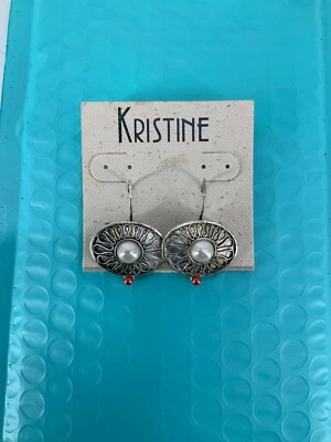 KRISTINE Handcrafted Pearl Dangle Earring Sterling Silver with Red Pearl Accent - Image 1 of 4