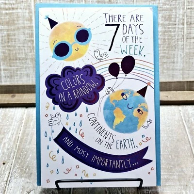 Открытка на день рождения 7th Seven синий торт конфетти свечи детский американские поздравления  - Изображение 1 из 4