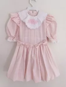 Vintage Handmade Girl Party Dress Sz 4T Pink Puff Sleeve Bows Lace Ruffles - Picture 1 of 5
