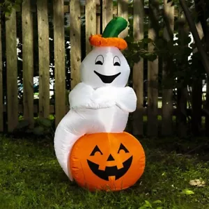 Halloween Inflatable Pumpkin Ghost 3 Feet Tall AA Battery Operated Decoration - Picture 1 of 4
