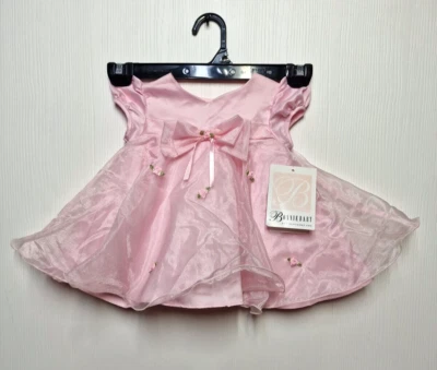 Bonnie Baby Sundress Girls 3-6 Pink Anne Neck Puff Sleeve Bow Sheer Overlay - Image 1 of 4