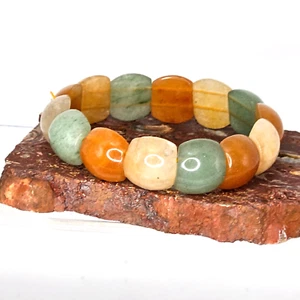 Mixed Aventurine Gemstone Bracelet Green Orange Stretchy 14mm High Chunky Style - Picture 1 of 9