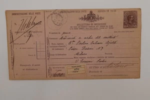 RICEVUTA POSTALE/BOLLETTINO SPEDIZIONE ITALIA 75C MILANO Pacco cartolina postale stazionaria 1889 - Foto 1 di 3