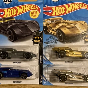HOT WHEELS 2019 #17 BLUE GREY & 2020 #9 GOLD CHROME BATMAN DC BATMOBILE LOT OF 4 - Picture 1 of 14
