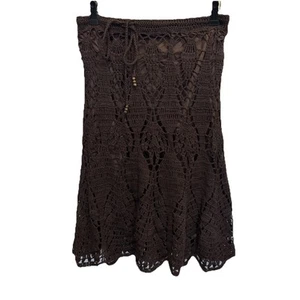 Moda International Crochet Midi Skirt Brown Drawstring Size Medium Y2K Cottage - Picture 1 of 11