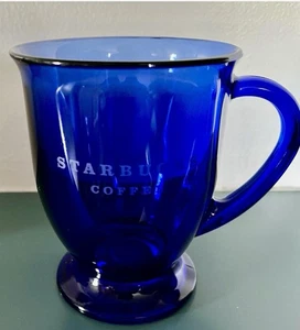 Starbucks Etched Cobalt Blue Anchor Hocking Glass Pedestal Coffee Mug 14oz L5 - Picture 1 of 1