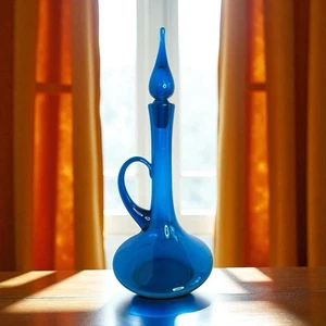 HTF Vintage MCM Indiana Handcraft Glass Kingston 373 Blue Decanter 17” W/stopper - Picture 1 of 11