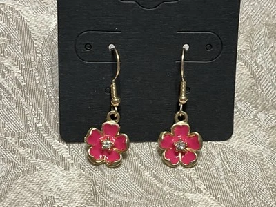 Vintage Dark Pink Floral Gem Enamel Gold Dangle Fashion Bohemian Casual Earrings - Image 1 of 2