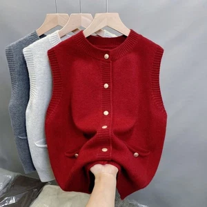 Women Knitted Vest Round Neck Cardigan Waistcoat Tank Top Pocket Knitwear Button - Picture 1 of 10
