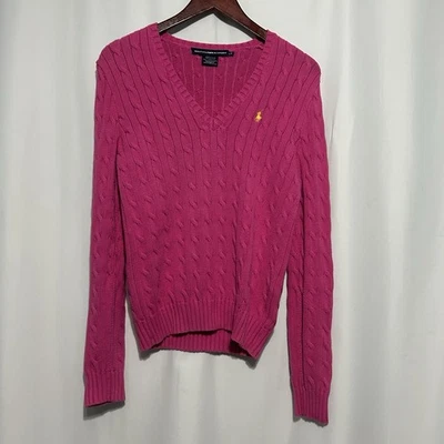 Suéter Ralph Lauren Sports Feminino Decote V Malha Cabo Rosa Tamanho Grande Algodão Antigo - Imagem 1 de 4