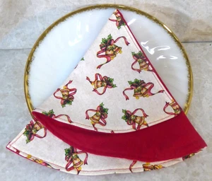 Home Decor Kitchen Cloth Napkins Set of 4 Reversible White Red Holiday Bells NEW - Picture 1 of 2