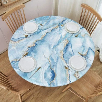 Mantel Redondo Cubierta Elástica Blanco Azul Mármol Con Borde Lavable Reutilizable Foto 1 de 4