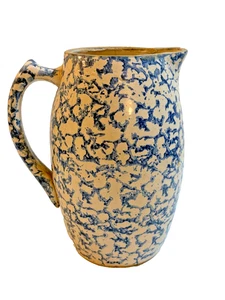 Antique Vintage Blue Spongeware Pottery Pitcher Jug 8.5" *Hairline Cracks - Picture 1 of 9
