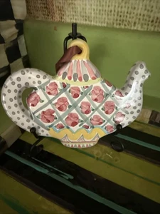 Retired Mackenzie Childs Ceramic Teapot Ornament Display  - Picture 1 of 6
