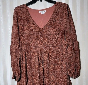 LUCKY BRAND Dress Sz M Tiered Boho Peasant Paisley Puff Sleeve Pink Brown Hippie - Picture 1 of 5