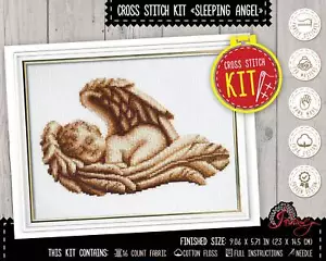 Counted Cross Stitch Baby Angel - DIY Embroidery KIT for Nursery Decor - Picture 1 of 10