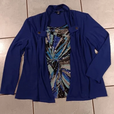 Elementz Size PXL Stretch Ruffle Sequin Top Solid Blue Attached Outer Top - Image 1 of 4