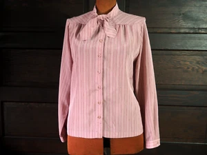 VTG 70s Pink Pinstripe Sheer Pussy Bow Secretary Lightweight Blouse Shirt Sz L - Picture 1 of 6