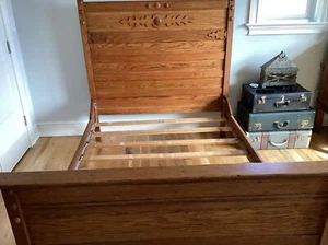 Early 1900s Carved  Antique Golden Tiger Oak Full Bed High Headboard Footboard - Picture 1 of 21