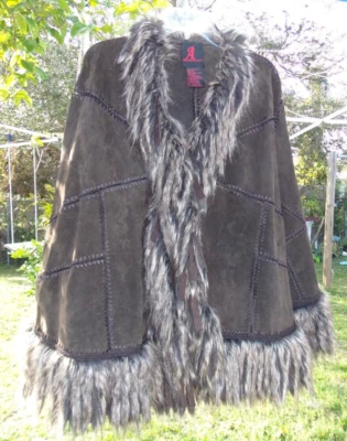 ADRIENNE LANDAU MARRÓN CUERO GENUINO IMITACIÓN PIEL FLECOS CAPA ENVOLVENTE TALLA MISSY PETITE Foto 1 de 4