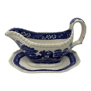 Vintage Copeland England Spode’s Tower Gravy Boat Flow Blue w Attached Plate - Picture 1 of 12