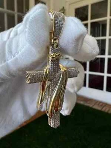 14k Yellow Gold Plated 2Ct Round Cut Real Moissanite Jesus Cross Pendant - Picture 1 of 7