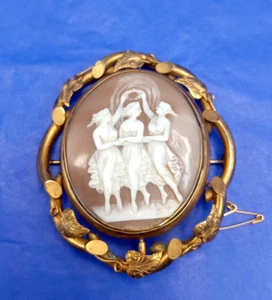 Antique Pinchbeck Carved Shell Cameo Swivel Mourning Brooch – Three Graces - Picture 1 of 6