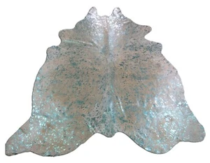 Turquoise Metallic Cowhide Rug Size: ~7 X 7 Turquoise Acid Wash Cowhide Rugs - Picture 1 of 12