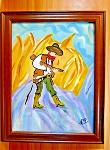 Cowboy Painting LM Original Handpainted 14"x11" Canvas w/ Frame Acrylic 1 of 1 - Picture 1 of 3