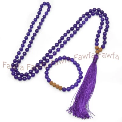 Juego de pulsera collar budista Mala tibetano 108 cuentas de oración amatista púrpura 8 mm Foto 1 de 4