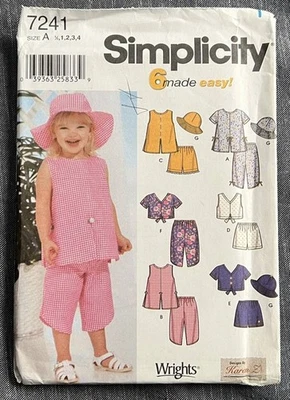 Simplicity Pattern 7241 Toddler Girls' TOPS CAPRTS SHORTS & HAT 1/2, 1, 2, 3, 4 - Image 1 of 2