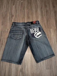 Ecko Unltd Mens Blue Jean Shorts Size 32 Baggy Skate Denim Y2K Patches - Picture 1 of 12