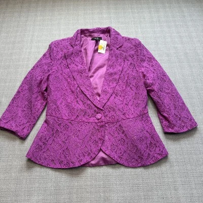 AGB Y2K Blazer Womens 8 Purple Lace Button Front 3/4 Sleeve Fitted Peplum Jacket - Image 1 of 4