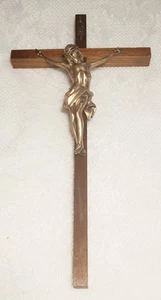 Crocifisso INRI 15" legno e ottone croce Gesù cattolico cristiano religioso vintage - Foto 1 di 11
