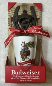 Budweiser Wall Mounted Bottle Opener With Clydesdale Pint Glass - Picture 1 of 3