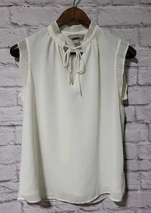 H&M Womens Sheer Lined Blouse Top Cap Sleeve Tie Neck Closure Size Small Ivory - Picture 1 of 11