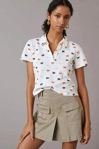 Camisa Polo Anthropologie MAEVE Blanca Bordada Multi Arcos Recortada XS Perfecta - Imagen 1 de 17
