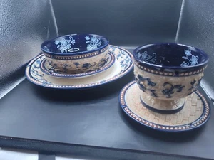 Set Of Temptations By Tara Floral Lace White/Blue Basket Weave 4 Dinner - Picture 1 of 10