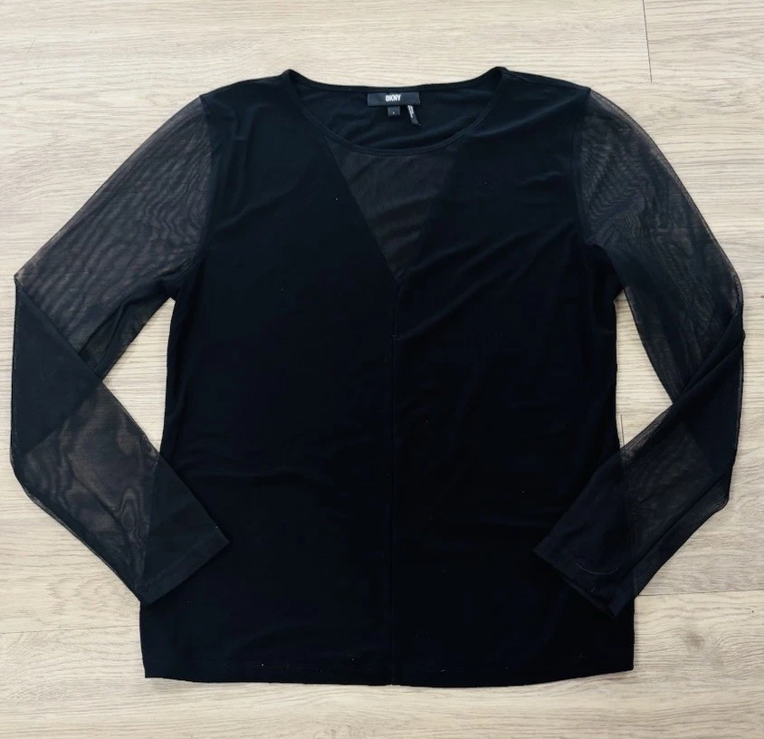 DKNY Women’s Elegant Black Mesh Long Sleeve Top Size L - Image 1 of 4